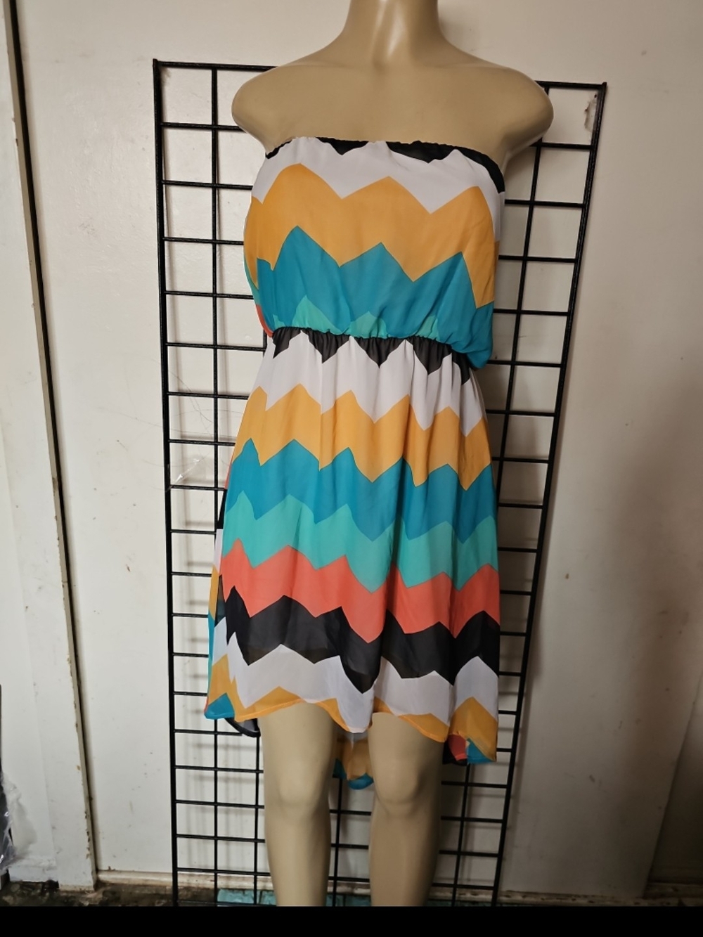 Colorblock Chevron Strapless Summer Dress in Teal, Yellow & Coral